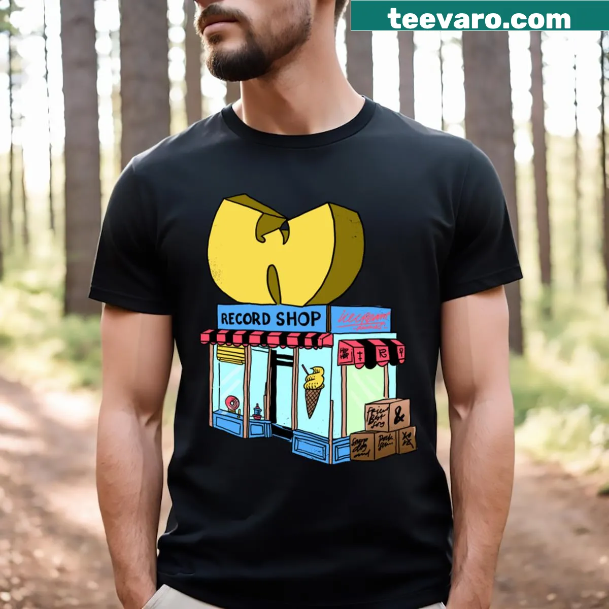 T-shirt featuring a whimsical illustration of a record shop and ice cream — on a men's t-shirt