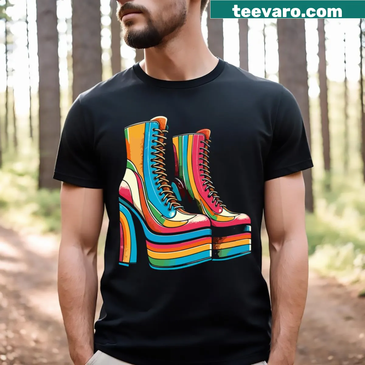 Retro 1970s glam rock t-shirt featuring platform boots — on a men's t-shirt