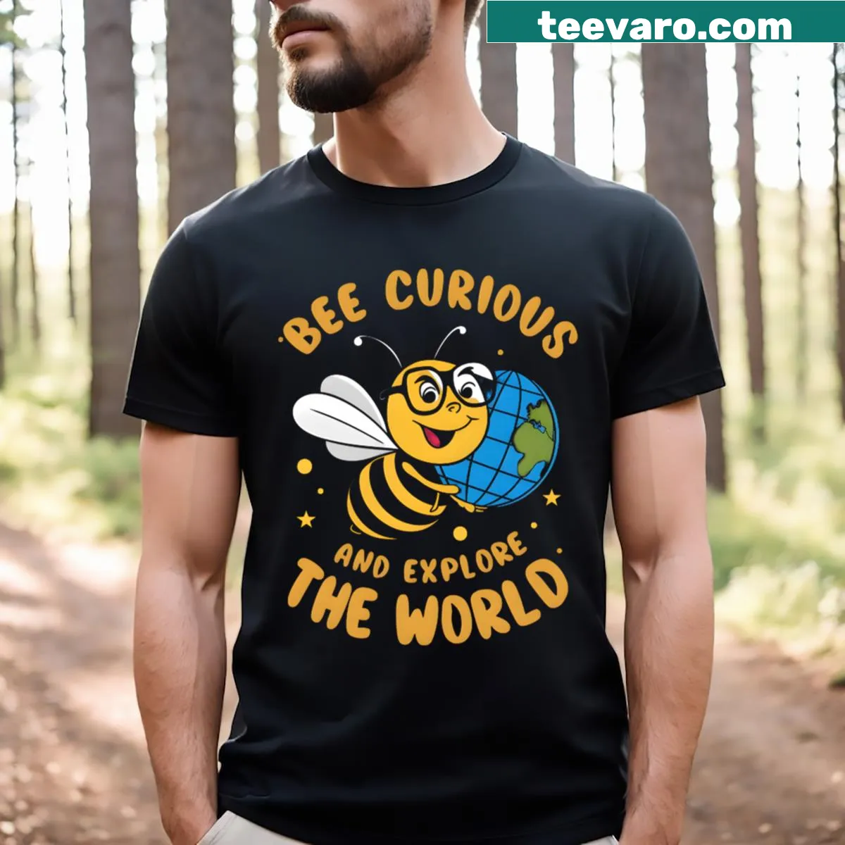 T-shirt with a cute bee graphic and the word 'Curious' — on a men's t-shirt