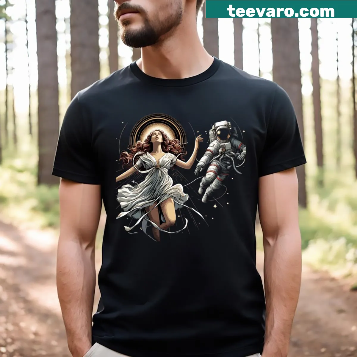 Illustration of an astronaut and goddess in space on T-shirt — on a men's t-shirt