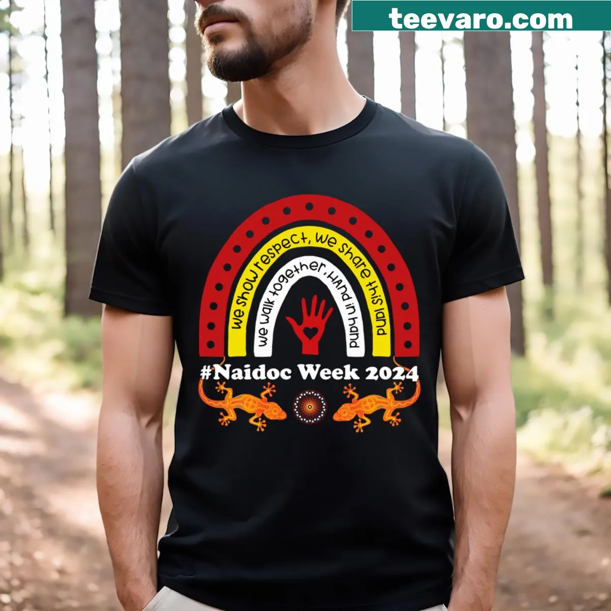 Aboriginal dot painting T-shirt for NAIDOC Week 2024 — on a men's t-shirt