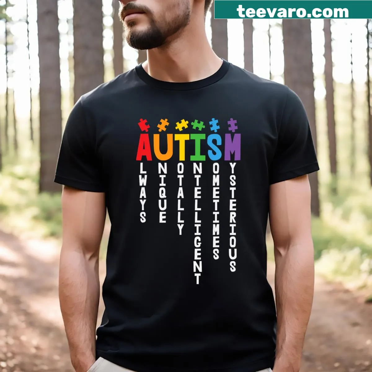 Autism awareness shirt with text promoting uniqueness and intelligence — on a men's t-shirt