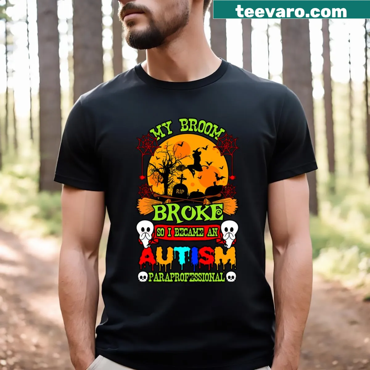 Halloween-themed shirt with broken broom illustration for autism awareness — on a men's t-shirt