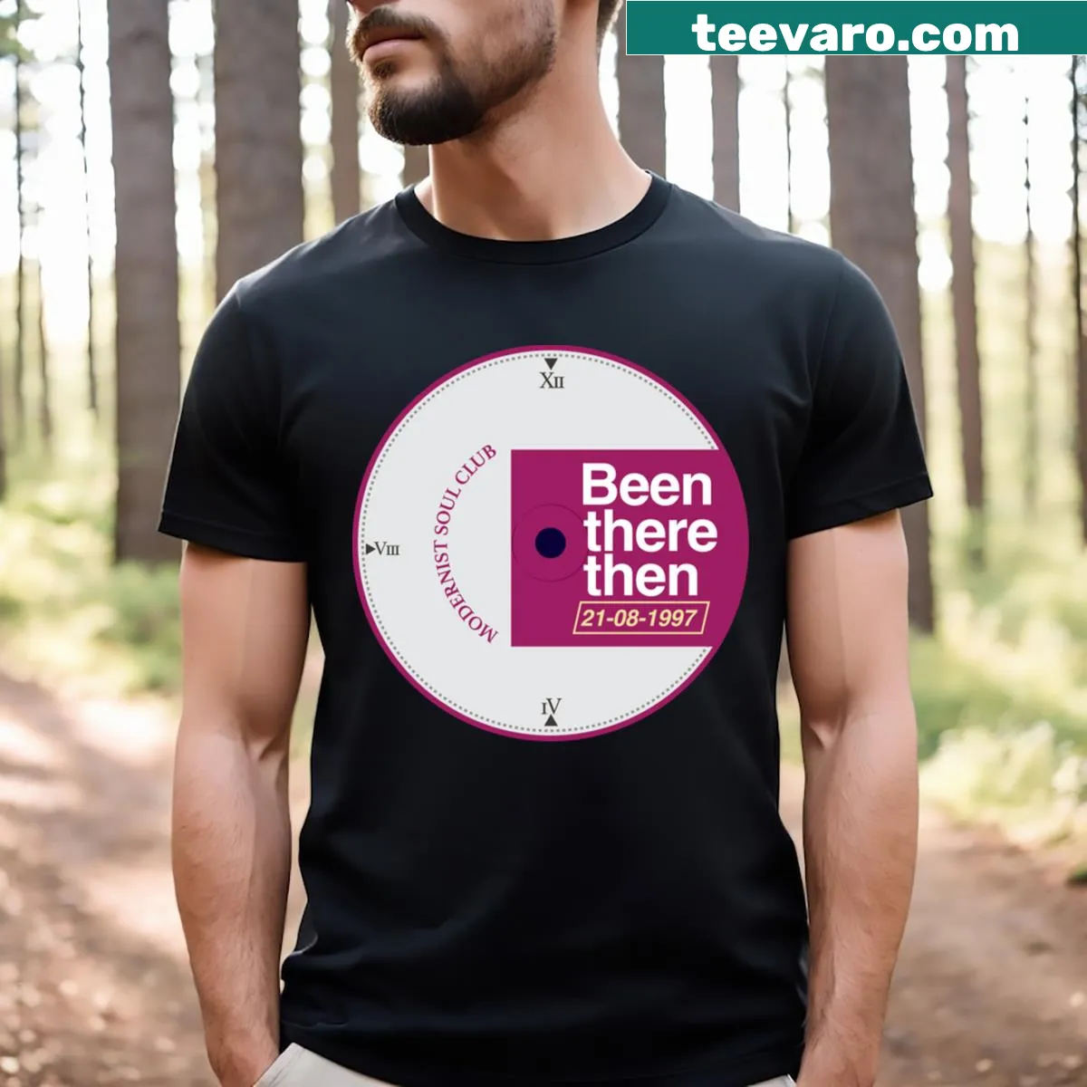 Playful typography on the Been There Then t-shirt — on a men's t-shirt