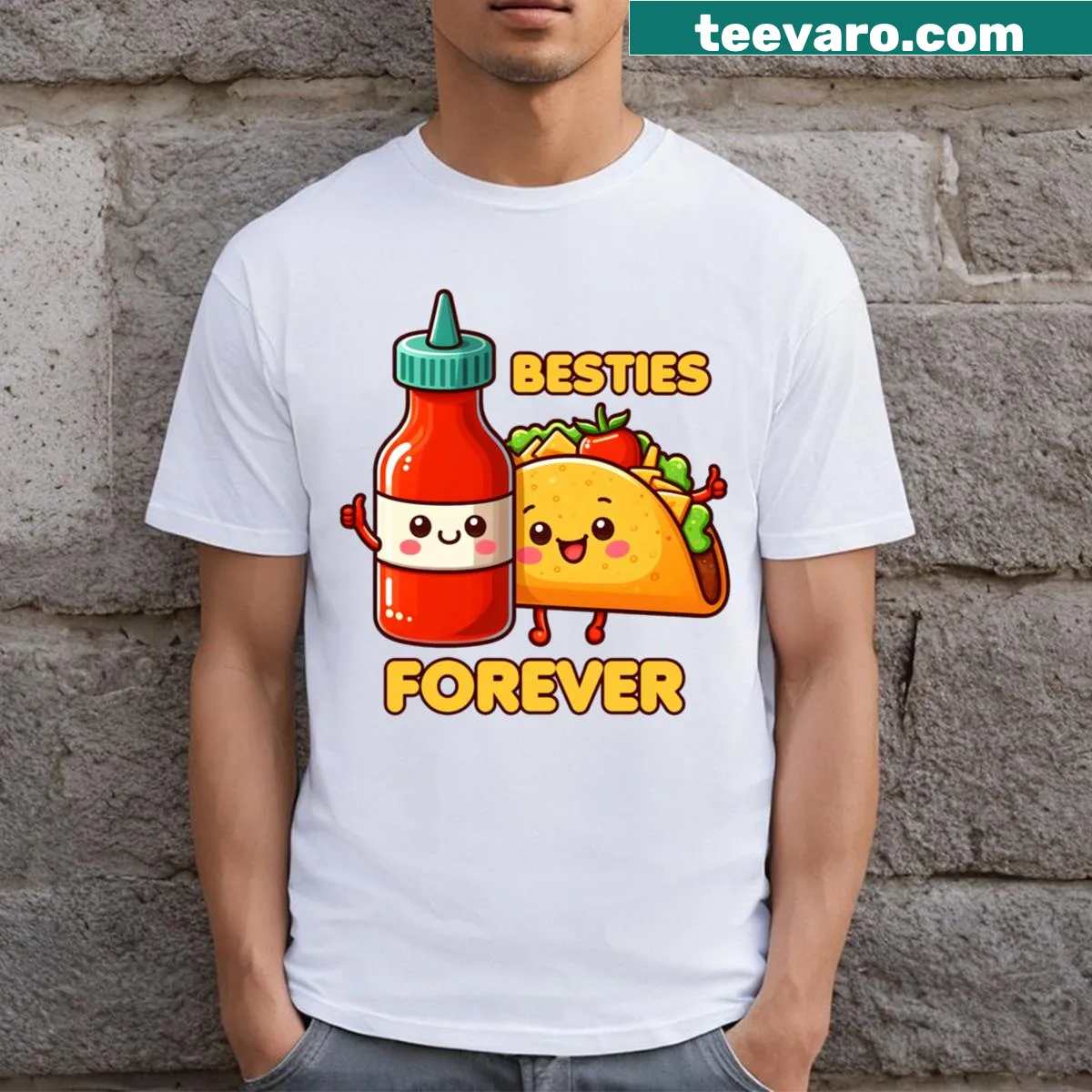 Illustrated taco and hot sauce graphic on friendship-themed t-shirt — on a men's t-shirt