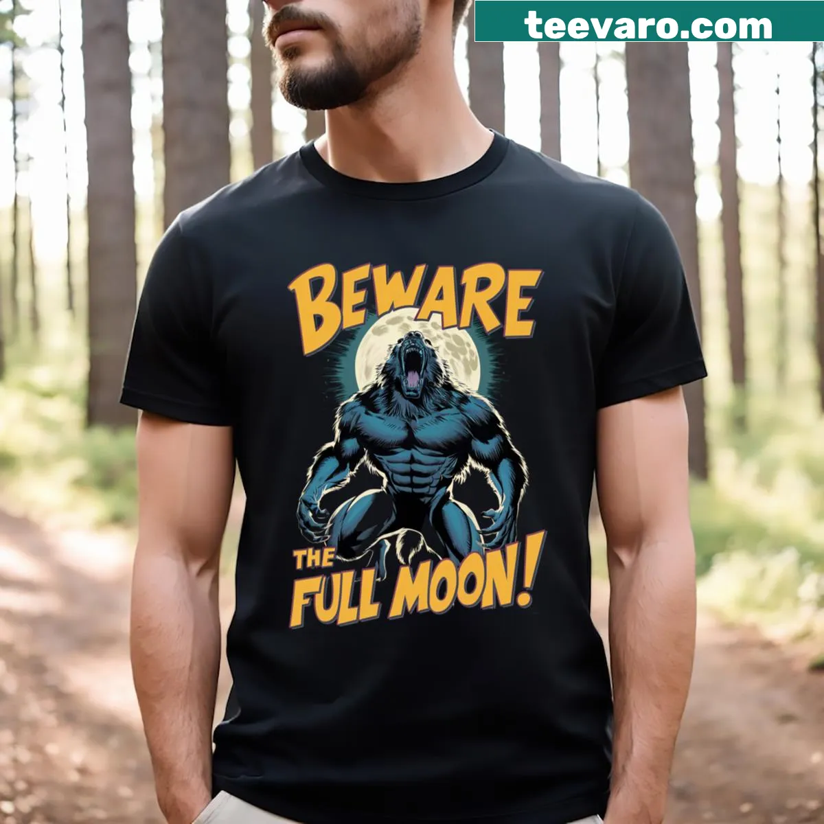 Graphic of a full moon with 'Beware The Full Moon' text on a t-shirt — on a men's t-shirt