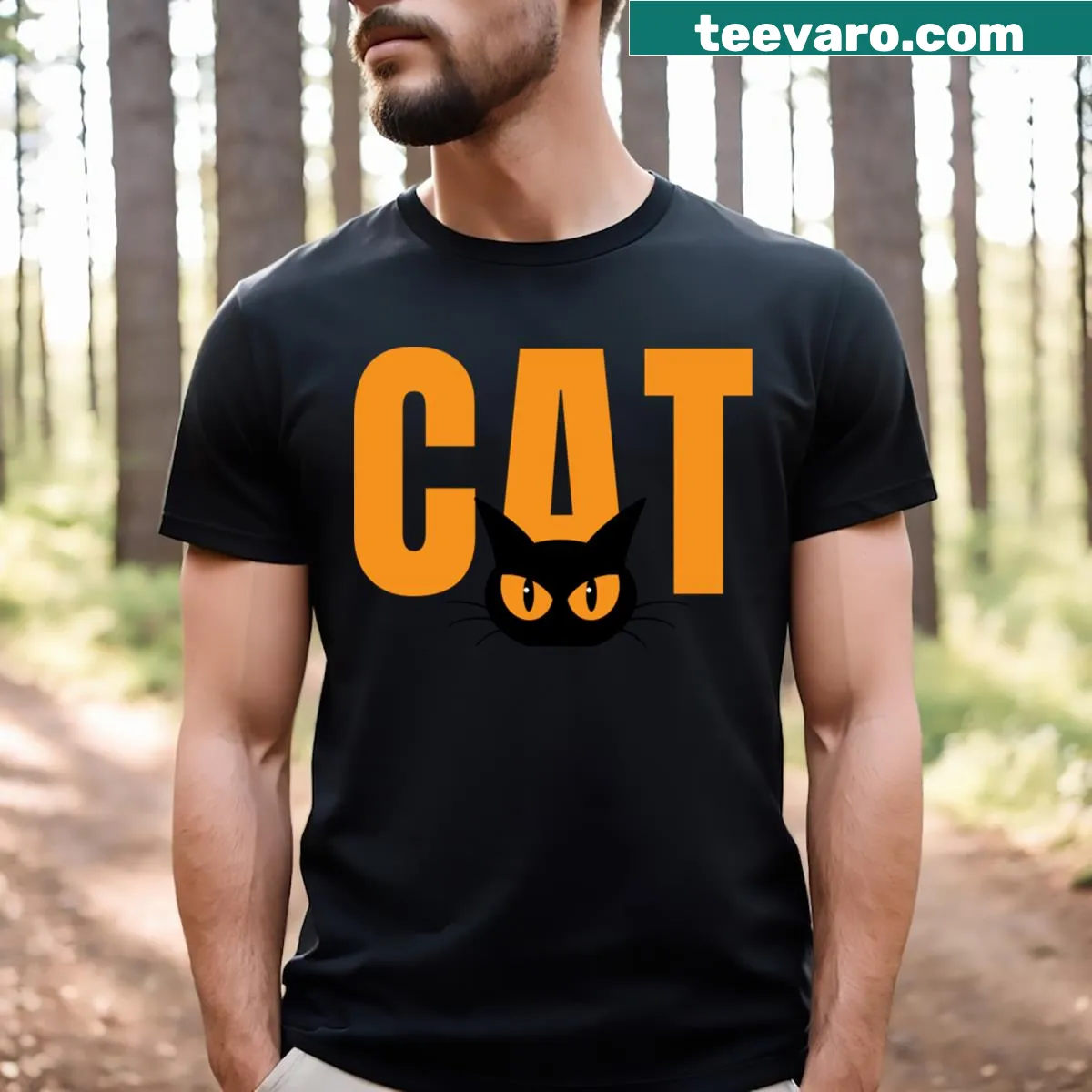 Illustration of a black cat surrounded by stars and moonlight on a t-shirt — on a men's t-shirt