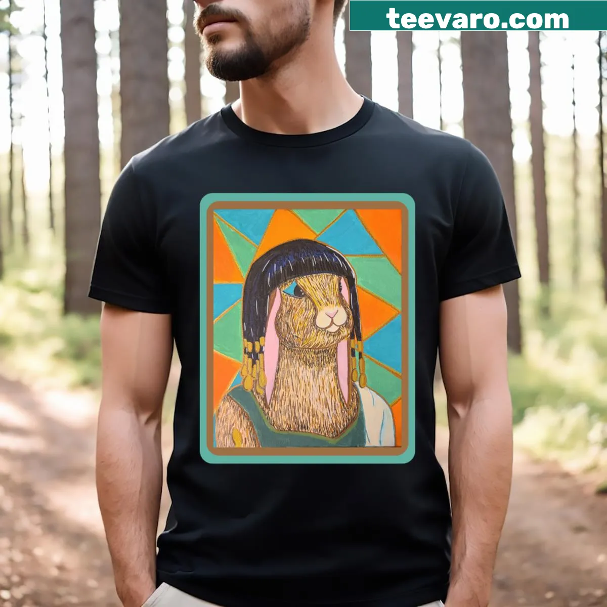 T-shirt featuring a cartoon bunny in Cleopatra attire — on a men's t-shirt