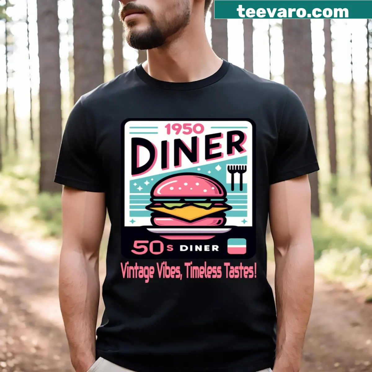 Vintage diner t-shirt featuring a burger and grilled cheese graphic — on a men's t-shirt