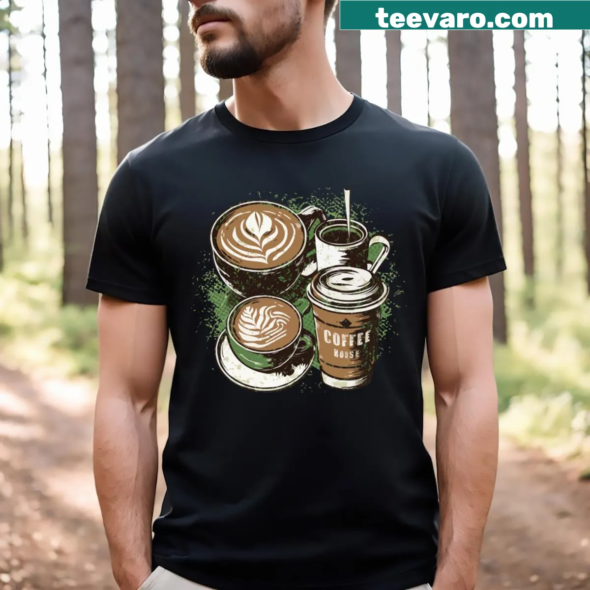 Illustrated Coffee House Favorites T-shirt with coffee designs — on a men's t-shirt