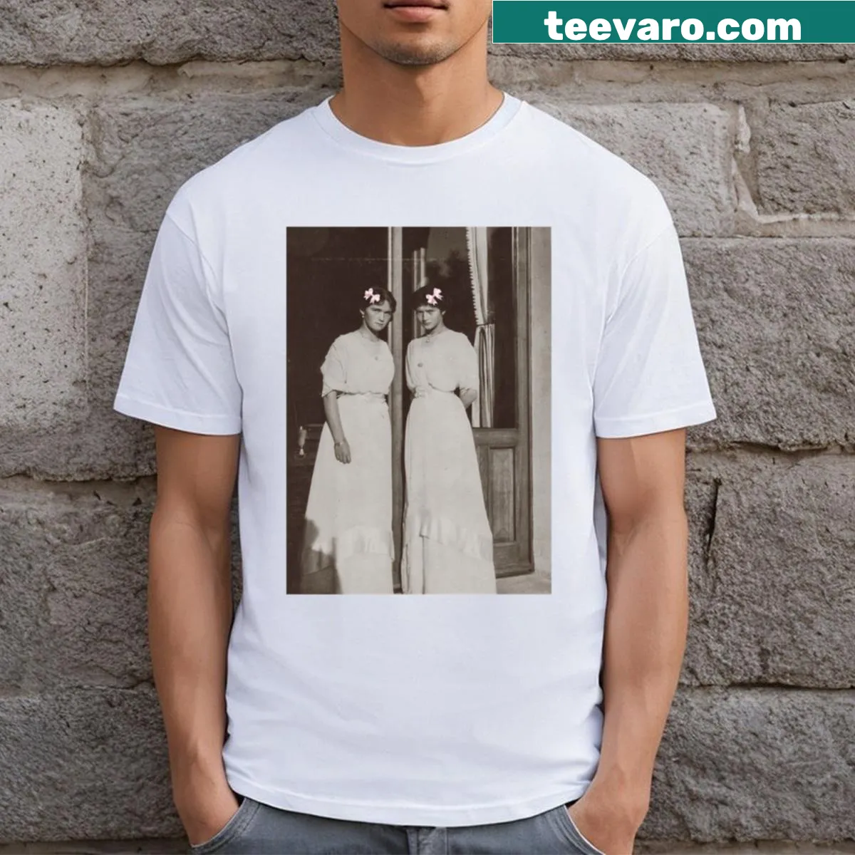 Playful T-shirt featuring the phrase 'Coquette Olga And Tatiana' — on a men's t-shirt