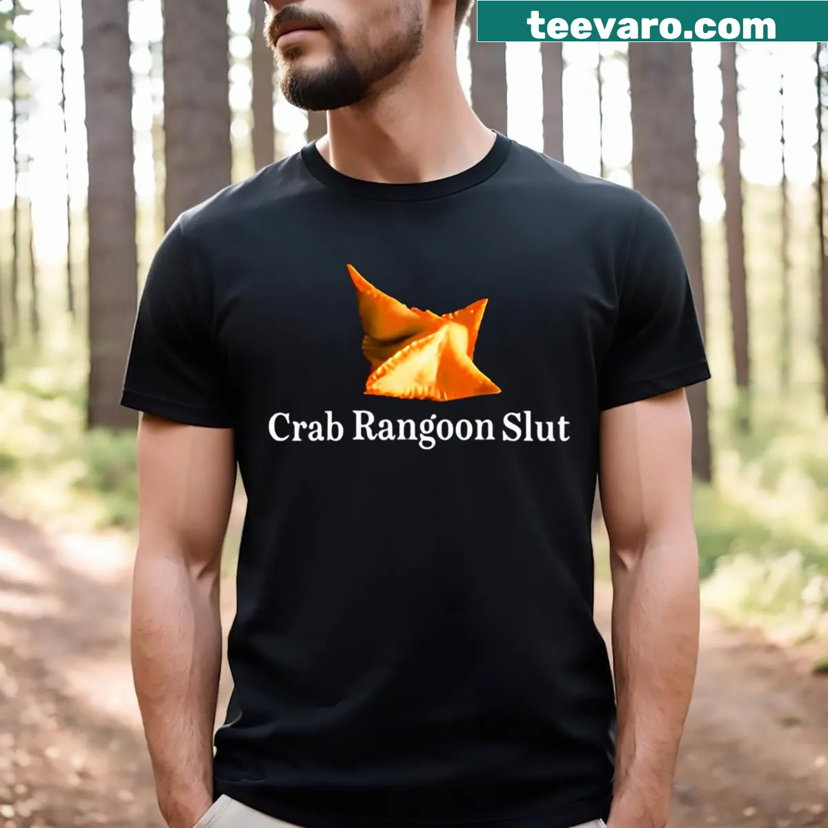 Humorous T-shirt with 'Crab Rangoon Slut' text for food lovers — on a men's t-shirt