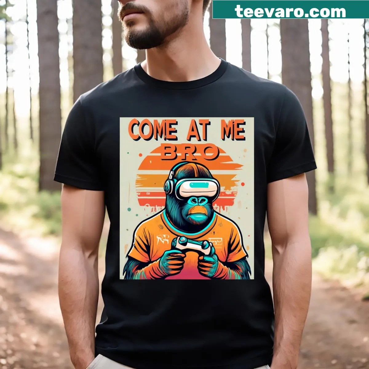 Funny gorilla gamer t-shirt with cartoon design and bold text — on a men's t-shirt
