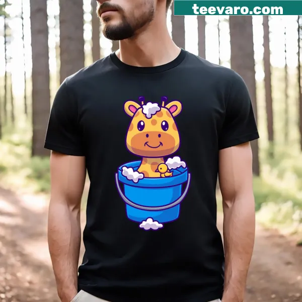 Cartoon giraffe in a bucket surrounded by bubbles on a t-shirt