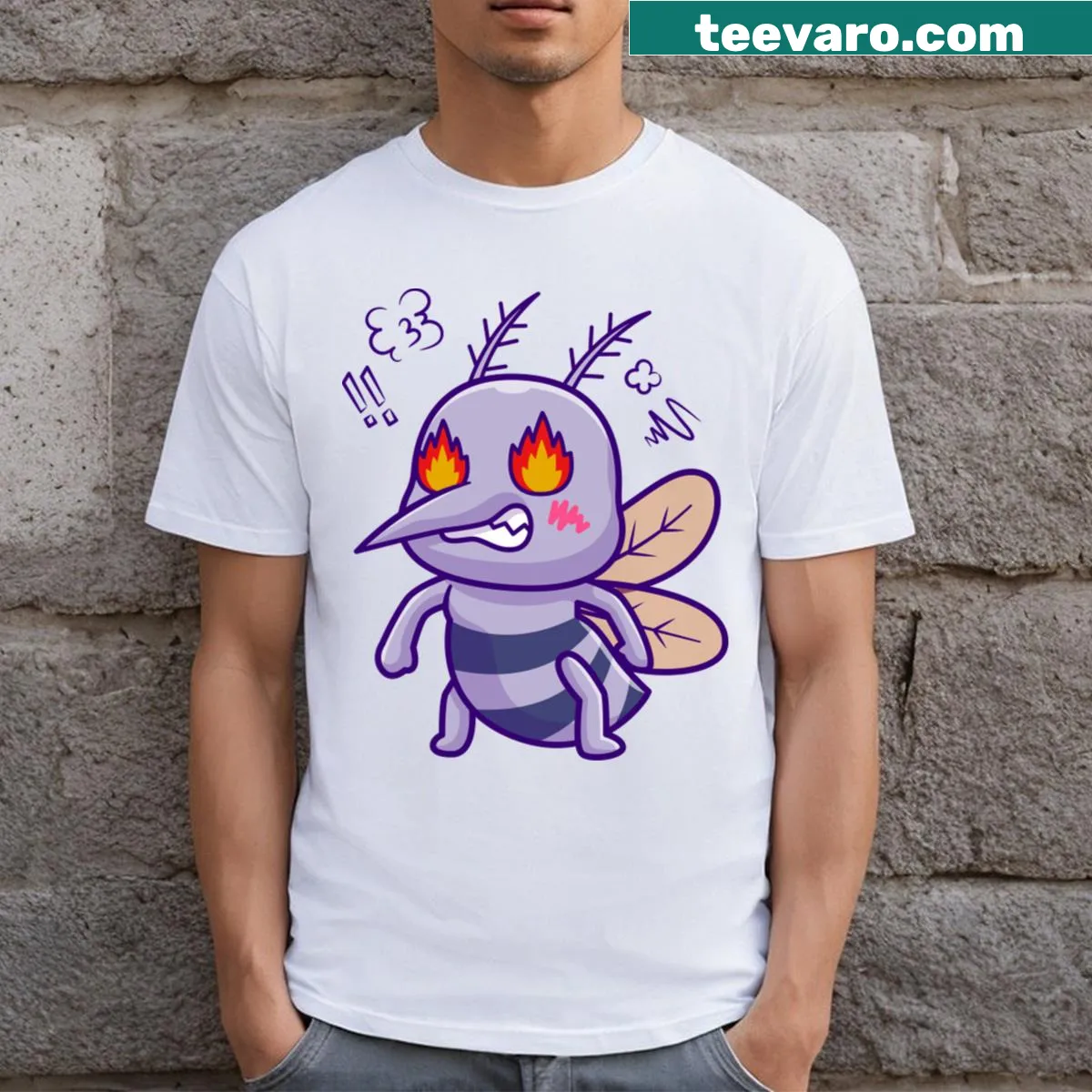 Angry cartoon mosquito graphic on a t-shirt — on a men's t-shirt