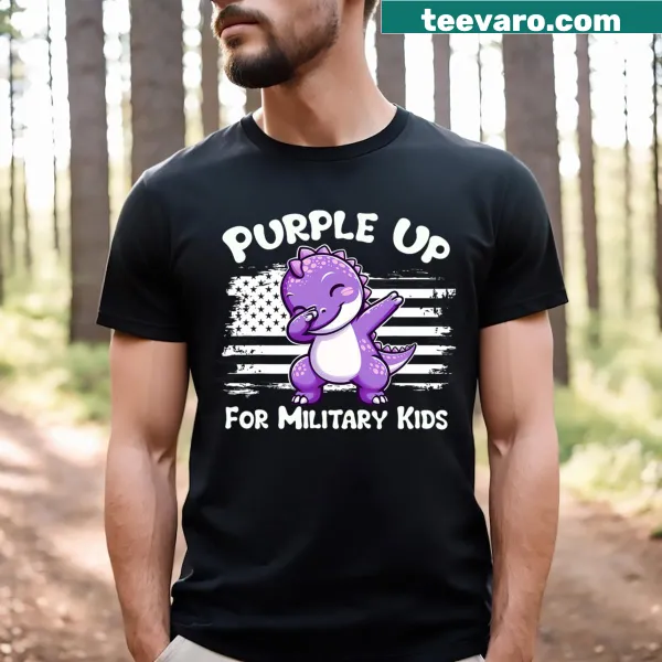 Illustration of a dabbing dinosaur with text for military kids.