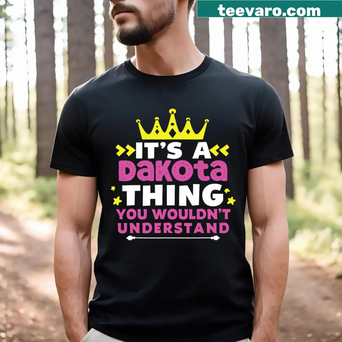 Typographic design celebrating the name Dakota on a T-shirt — on a men's t-shirt