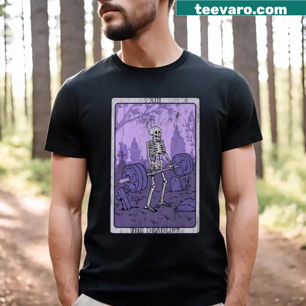 T-shirt featuring a Deadlift tarot design combining fitness and tarot themes
