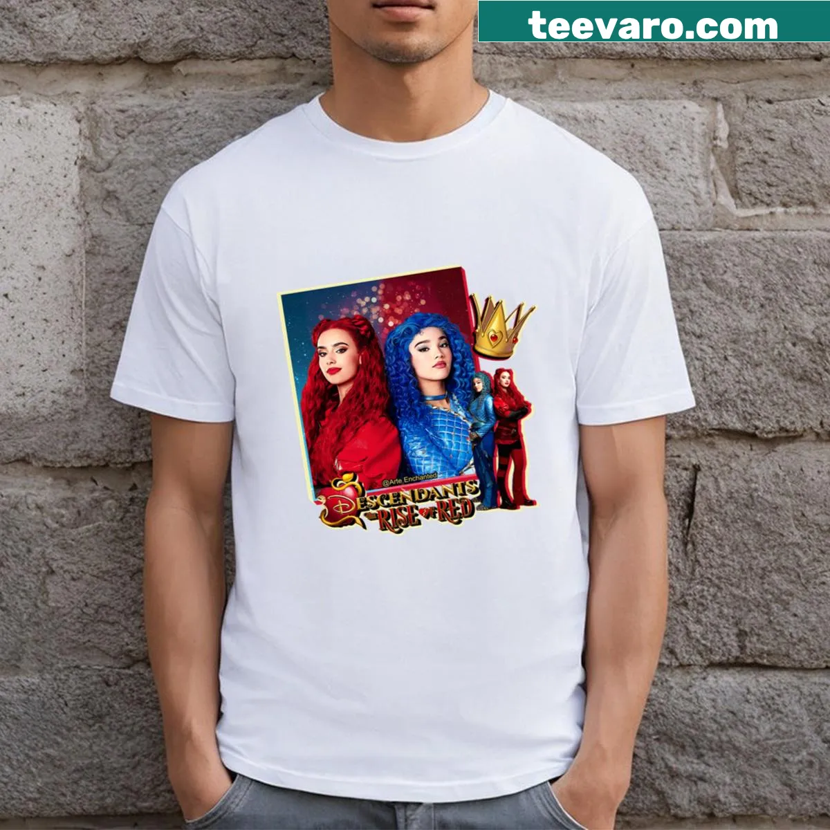 Illustrative T-shirt featuring Descendants 4 characters — on a men's t-shirt