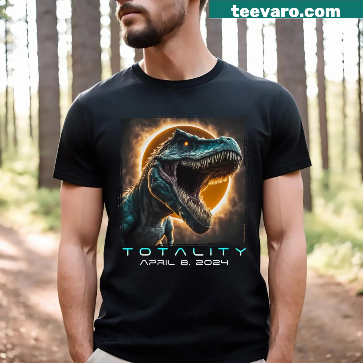 T-Rex silhouette against a total solar eclipse design — on a men's t-shirt