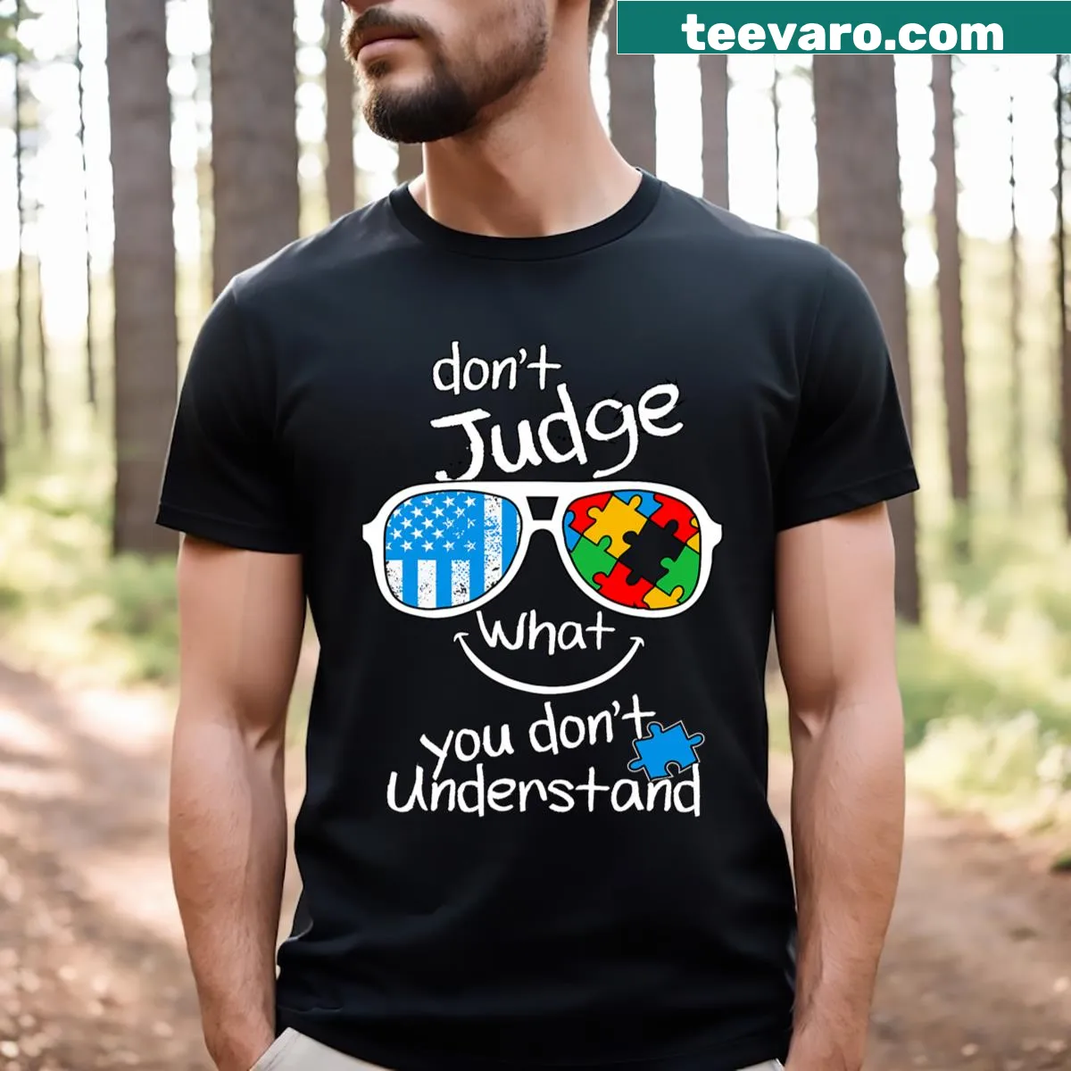Awareness t-shirt with the phrase 'Don't Judge What You Don't Understand' for autism awareness. — on a men's t-shirt