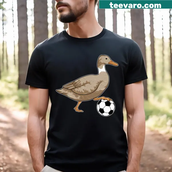 Playful soccer t-shirt featuring a duck character in a soccer jersey.