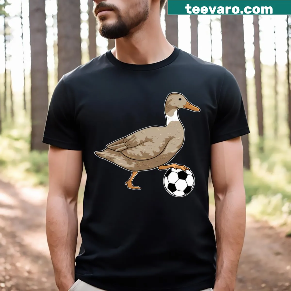 Playful soccer t-shirt featuring a duck character in a soccer jersey. — on a men's t-shirt