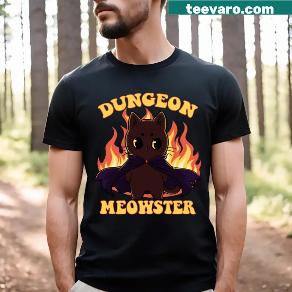 Whimsical t-shirt featuring a cute illustration of a cat as a dungeon master.