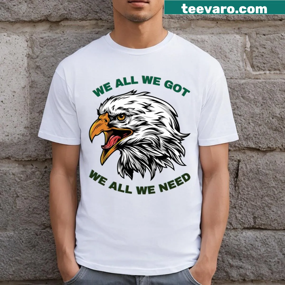 Typographic T-shirt with We All We Got slogan — on a men's t-shirt