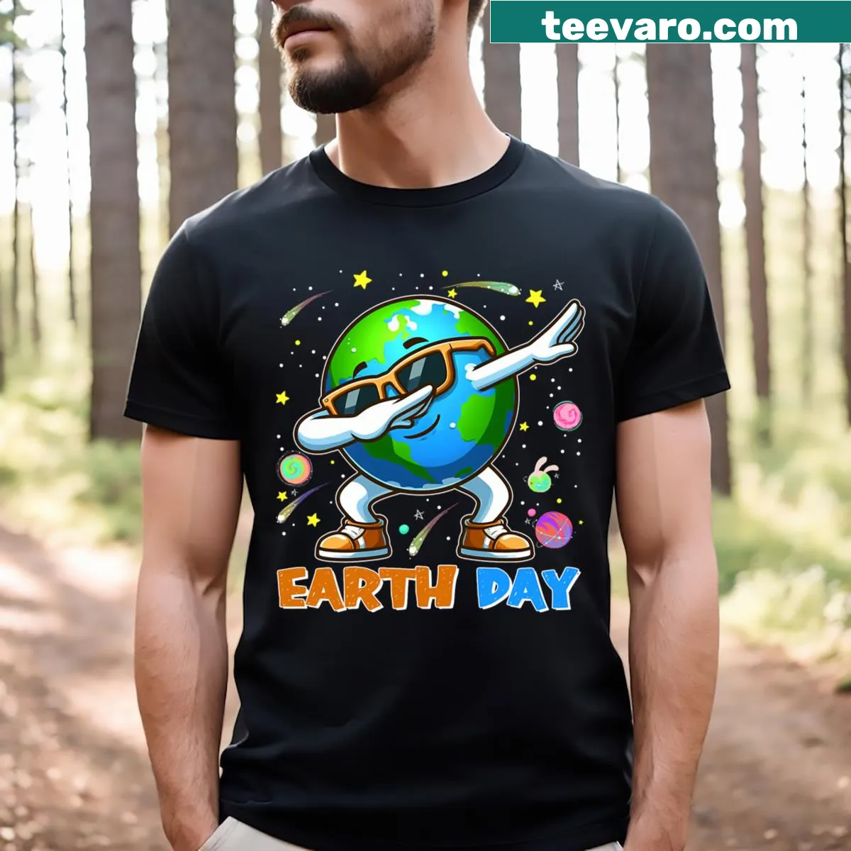 Cartoon earth character dabbing on kids T-shirt — on a men's t-shirt