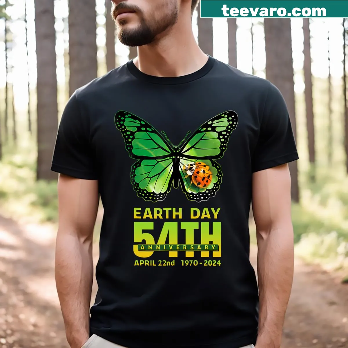 Earth Day 54th Anniversary T-shirt with butterfly design — on a men's t-shirt
