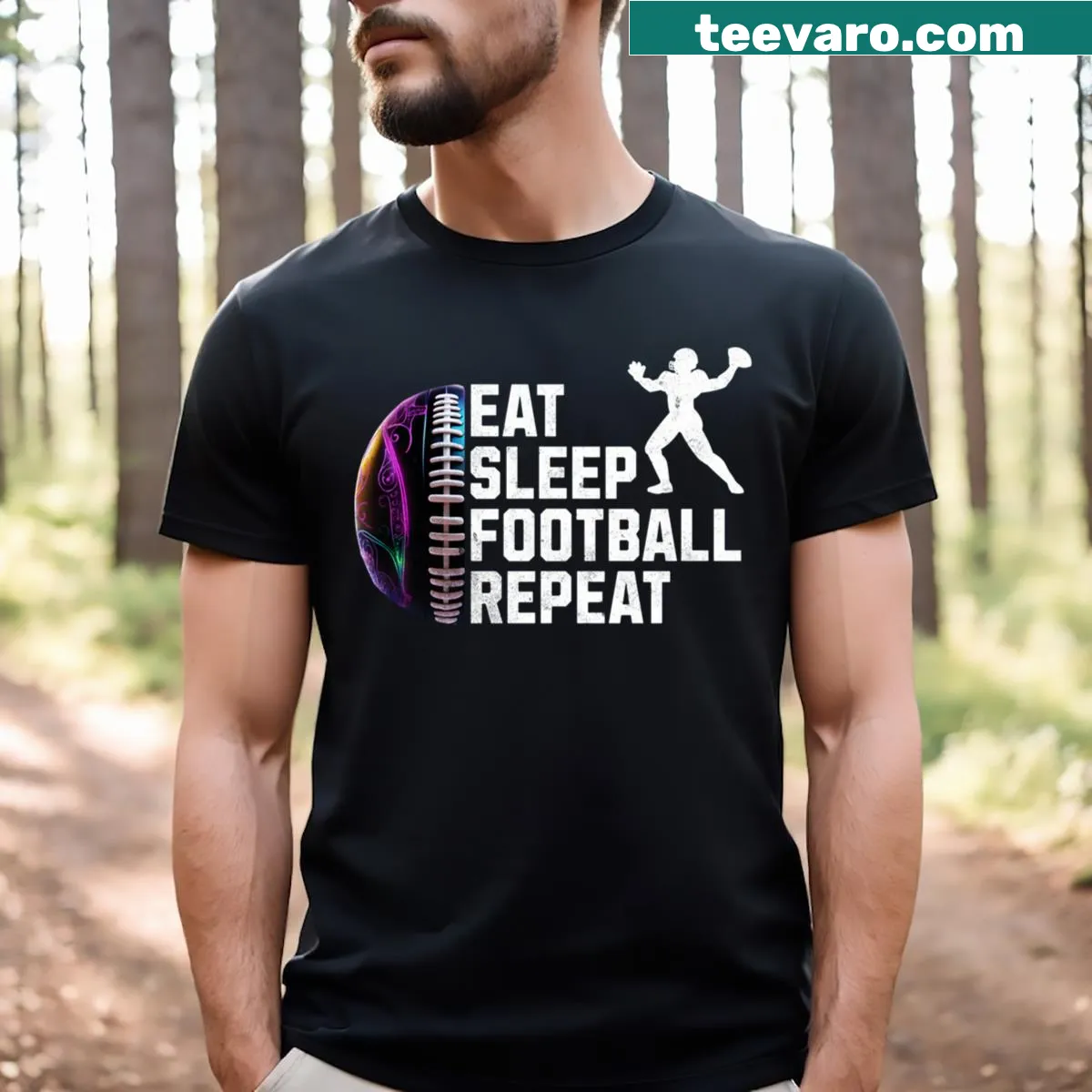 Eat Sleep Football Repeat T-shirt with bold typography — on a men's t-shirt