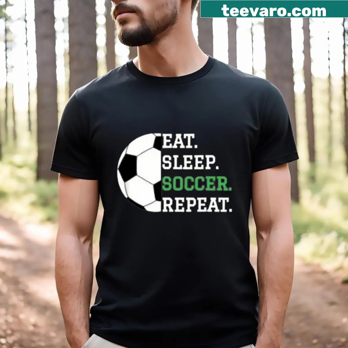 Eat Sleep Soccer Repeat T-shirt with bold typography — on a men's t-shirt