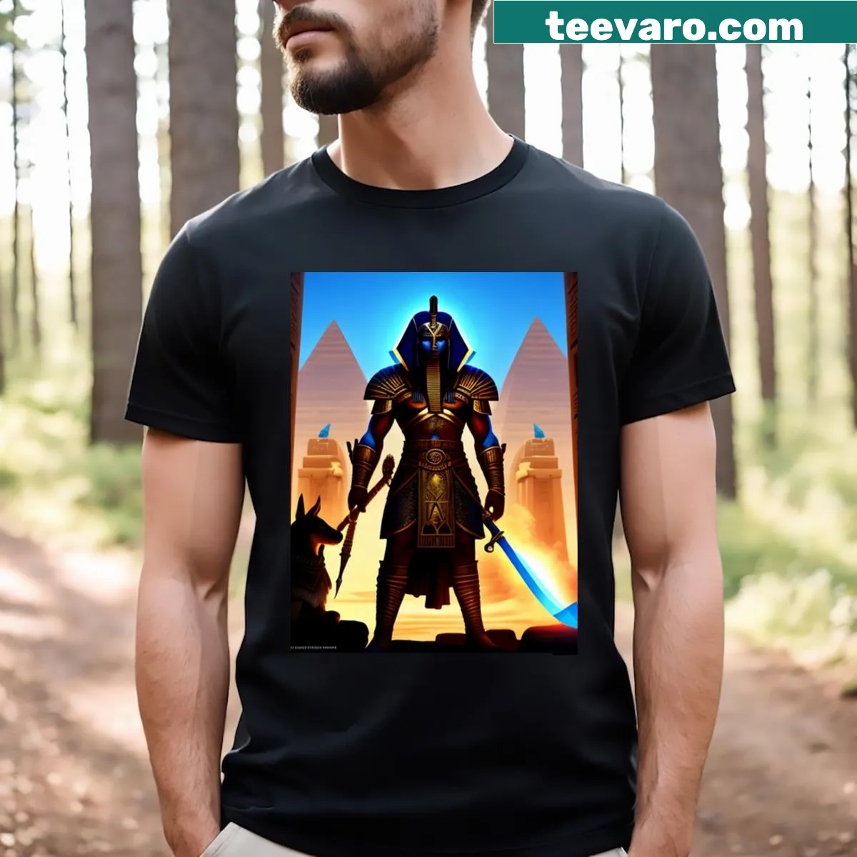 T-shirt featuring minimalist illustration of Egyptian god Anubis — on a men's t-shirt