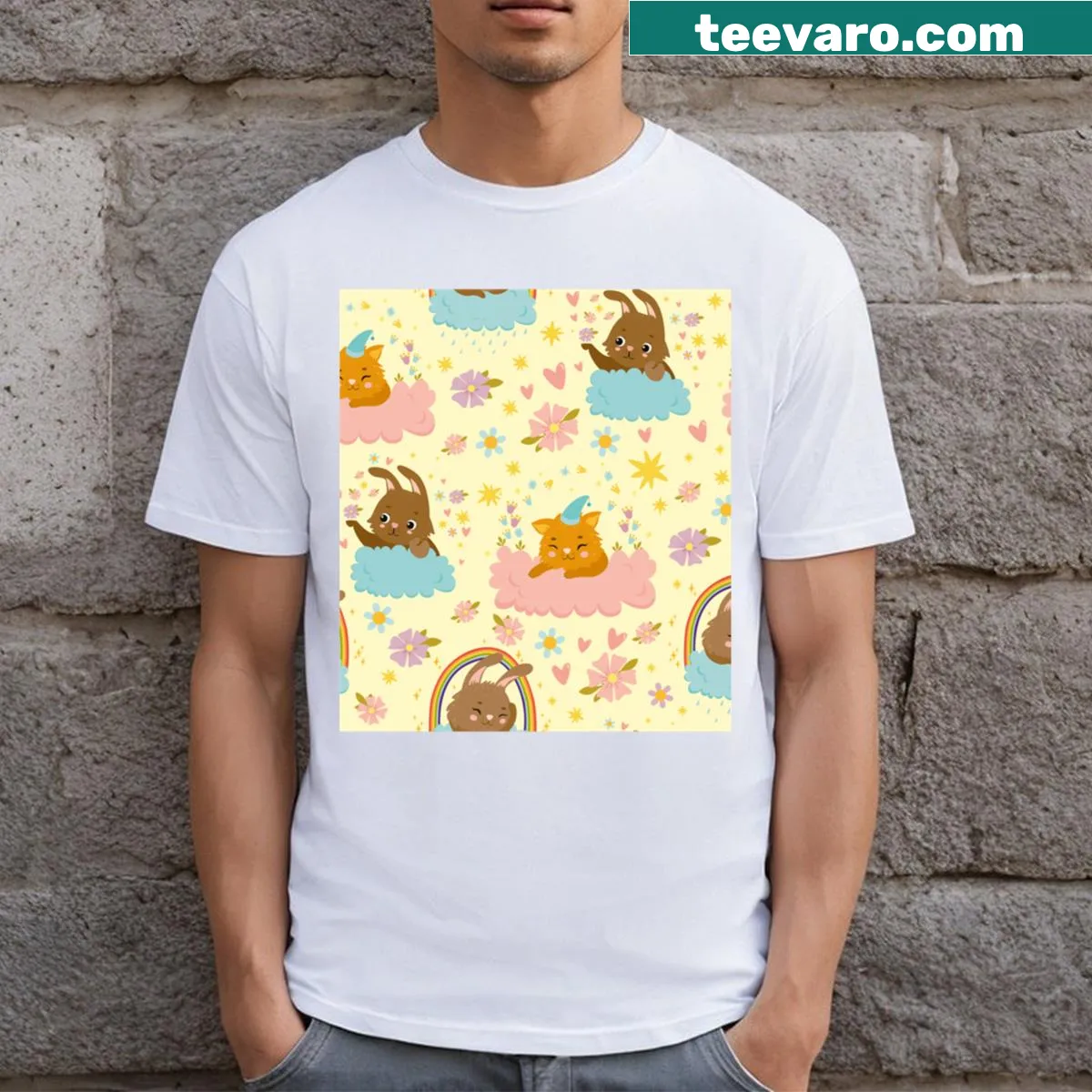 Enchanting skyline pattern T-shirt with whimsical elements — on a men's t-shirt