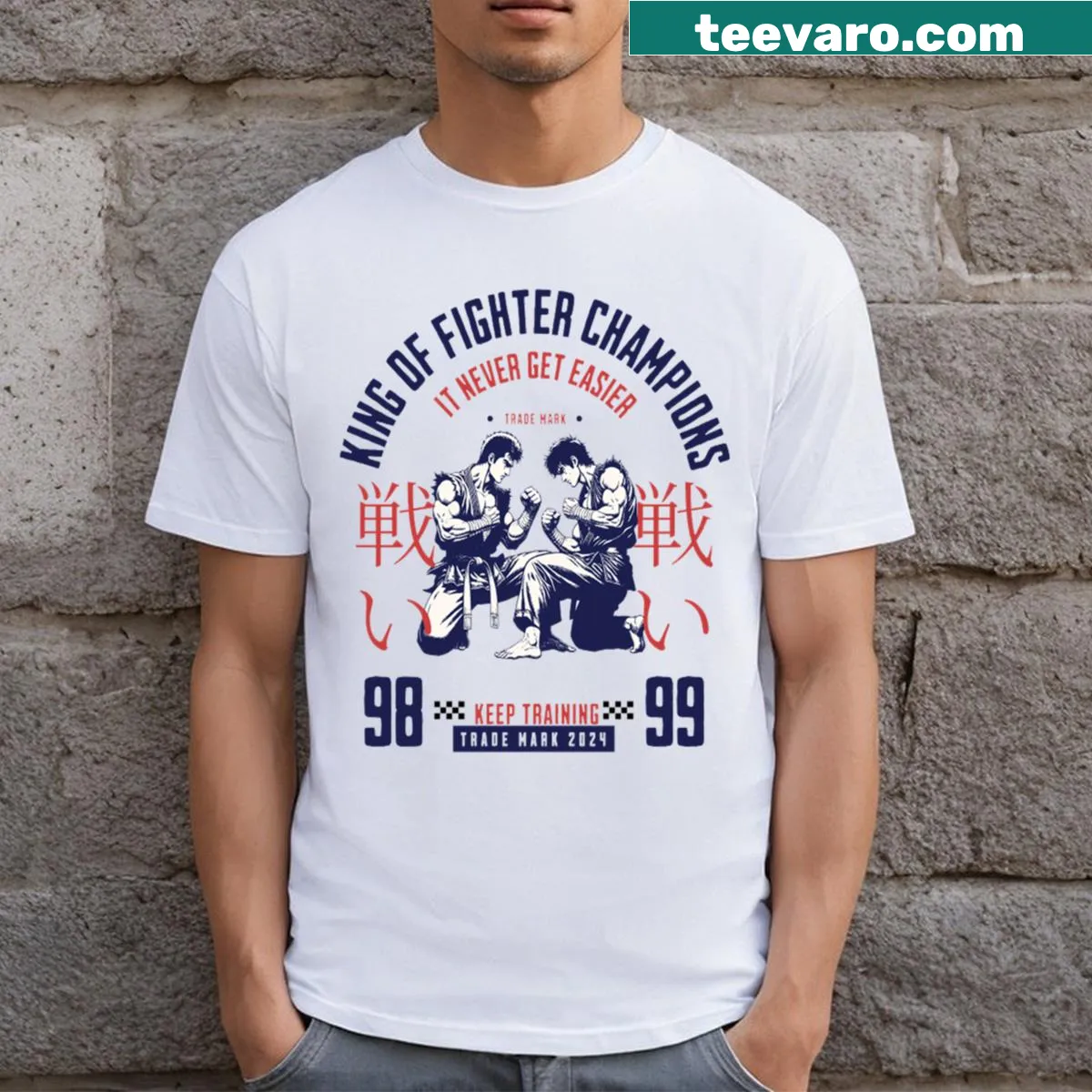 Eternal Champions T-shirt featuring bold combat-themed illustration — on a men's t-shirt