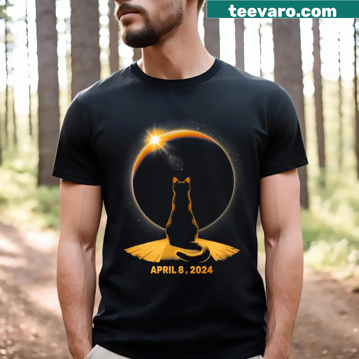 Cute cat watching a solar eclipse illustrated T-shirt — on a men's t-shirt