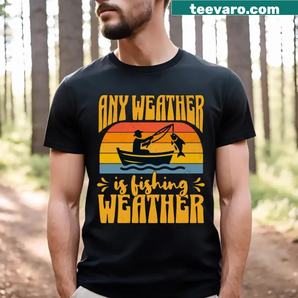 Fishing Weather T-shirt featuring a charming graphic of fishing scenes