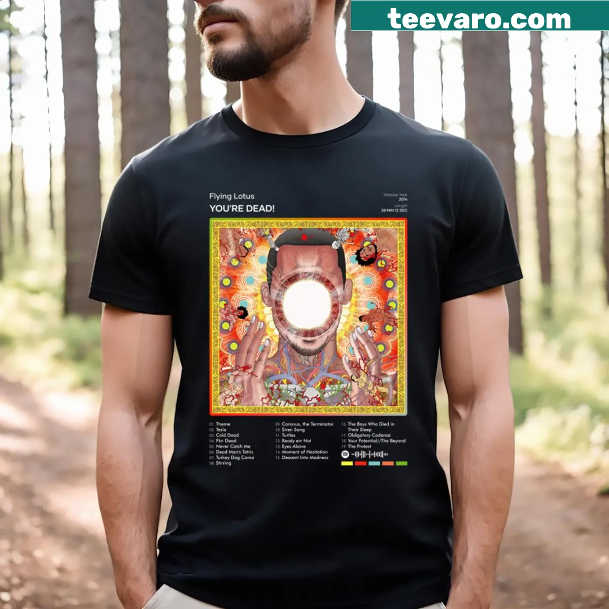 T-shirt featuring the tracklist from Flying Lotus's 'You're Dead!' album. — on a men's t-shirt
