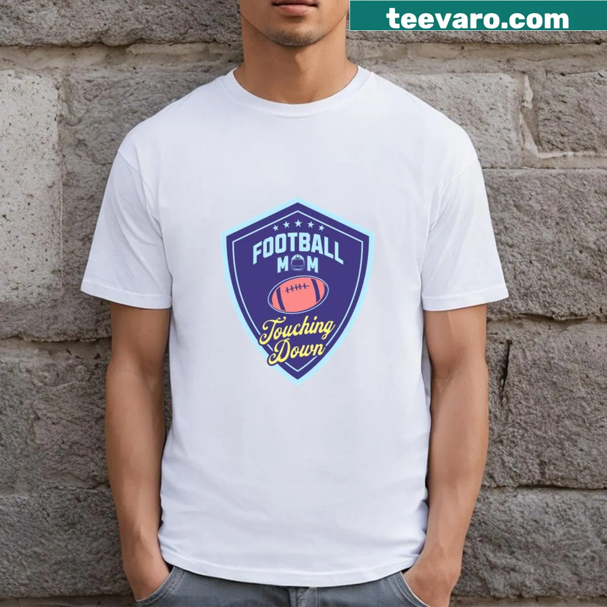 Touching Down t-shirt for football moms with playful graphic — on a men's t-shirt