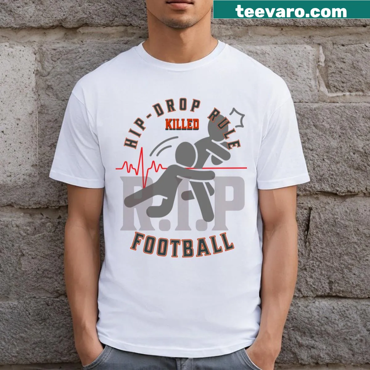 Football T-shirt featuring hip drop tackle graphic — on a men's t-shirt