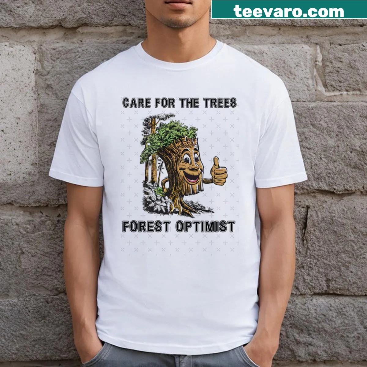T-shirt promoting tree care and environmental awareness — on a men's t-shirt