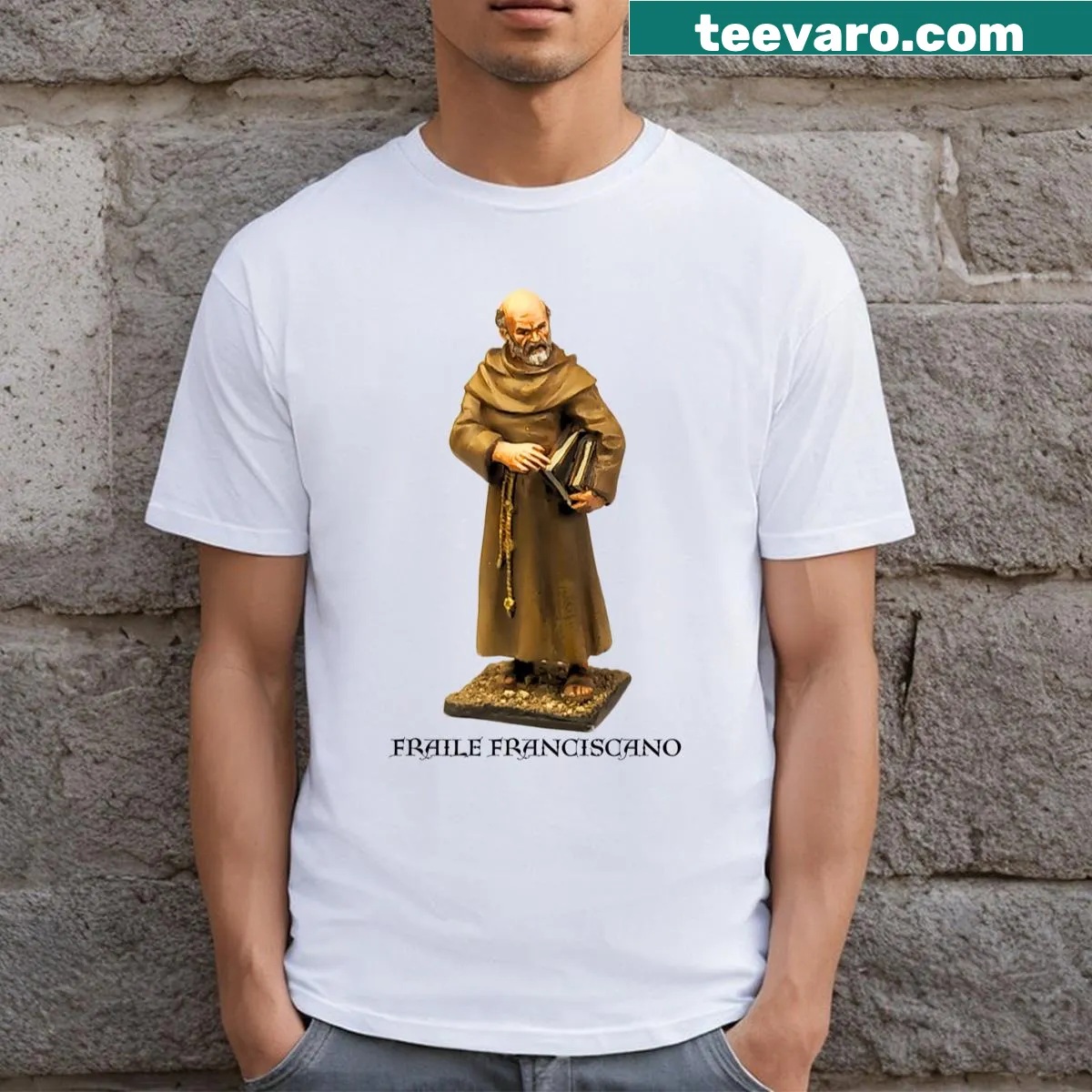 T-shirt featuring a graphic representing Franciscan values — on a men's t-shirt