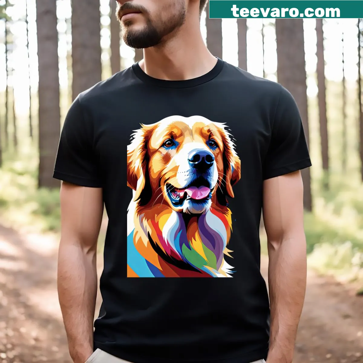 Illustrated t-shirt featuring a golden retriever — on a men's t-shirt