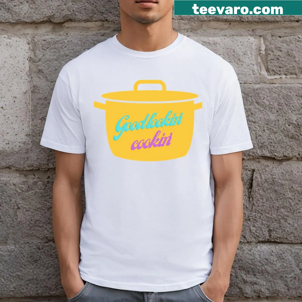 Playful 'Good Lookin' Cookin' graphic T-shirt design — on a men's t-shirt