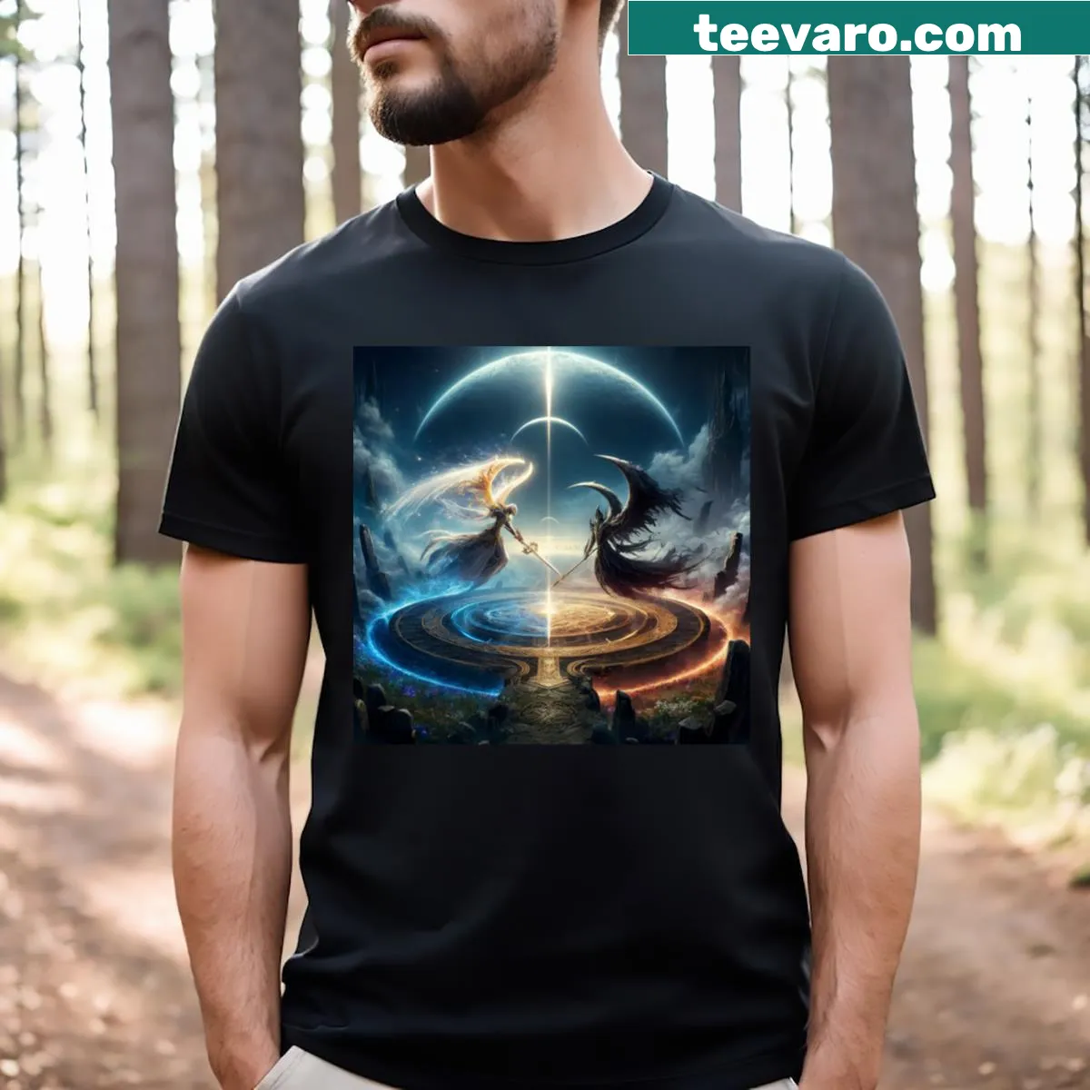 Good Vs Evil design on a fantasy-themed T-shirt — on a men's t-shirt