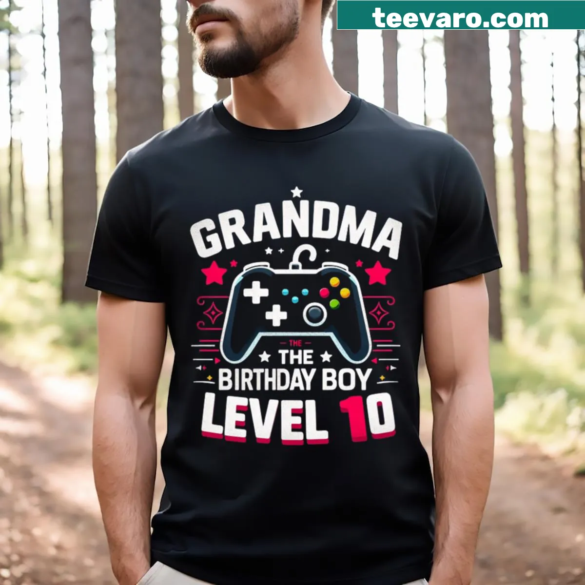 T-shirt for grandma featuring video game theme and birthday boy text — on a men's t-shirt