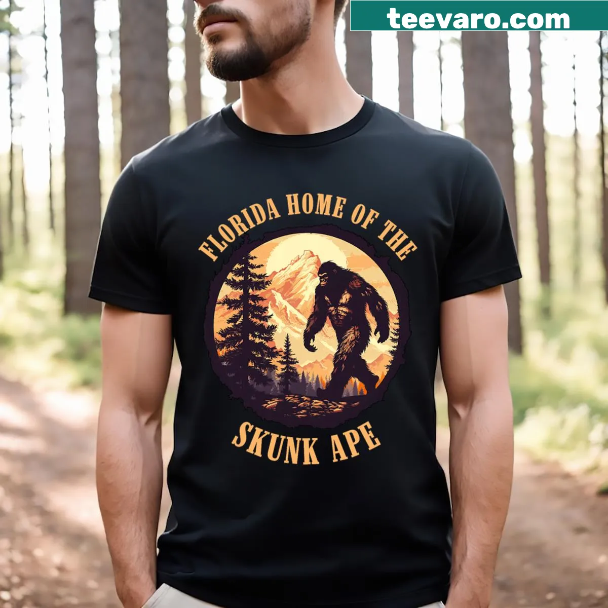 Artistic t-shirt featuring a graphic of the Skunk Ape cryptid — on a men's t-shirt