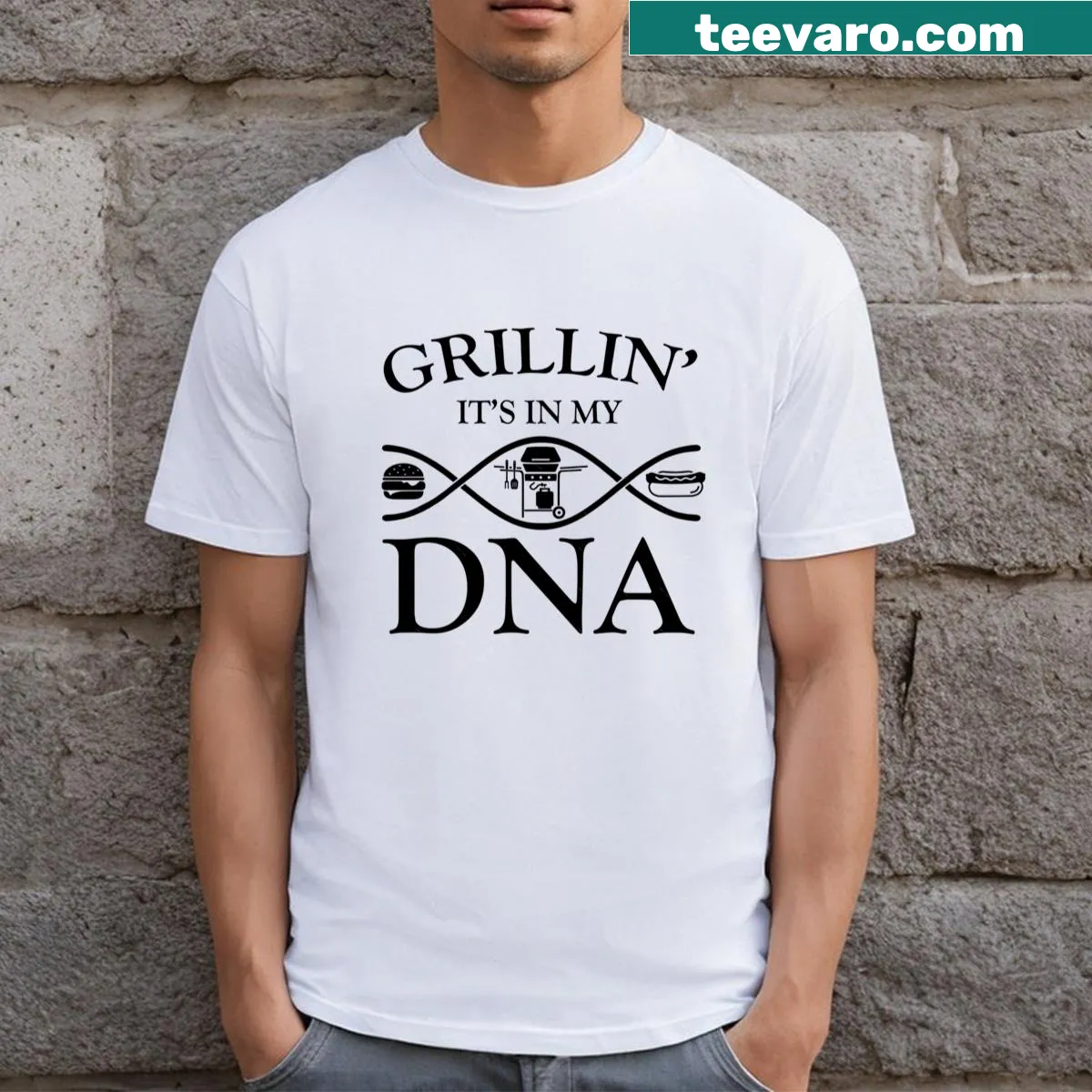 Illustrative t-shirt celebrating grilling with food graphics — on a men's t-shirt