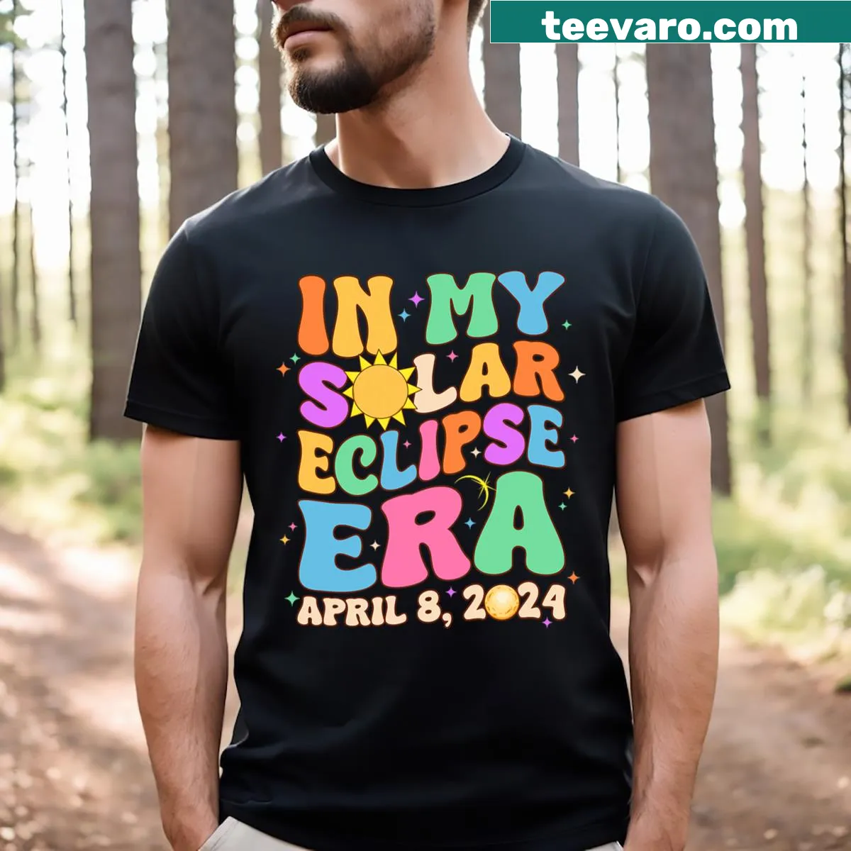 Text and graphic celebrating the April 8th 2024 solar eclipse on t-shirt — on a men's t-shirt